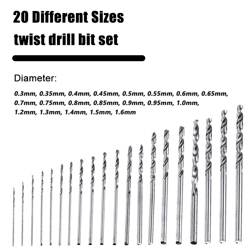 Full Grinding Mini Twist Drill 0.3-1.6mm 20PC Set Woodworking Plastic PVC Circuit Board Micro Drilling Tool