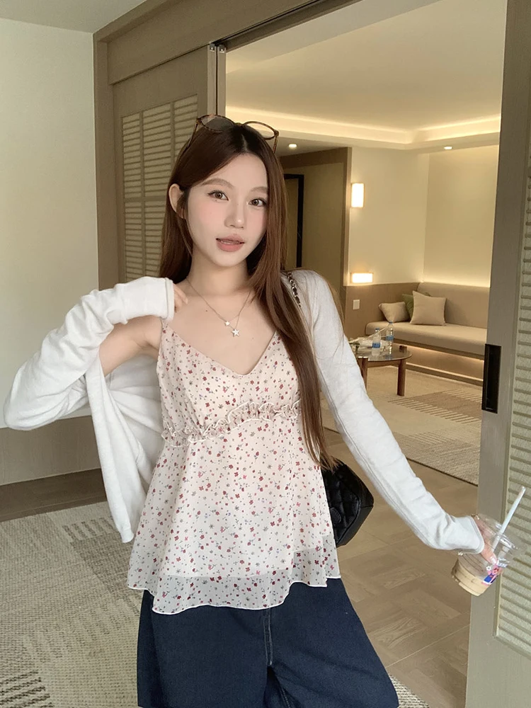 

Sweet And Spicy Style Floral Print Knitted Long Sleeve Wrap Cardigan Women's Summer New Fashion Two-Piece Set Casual High Waist