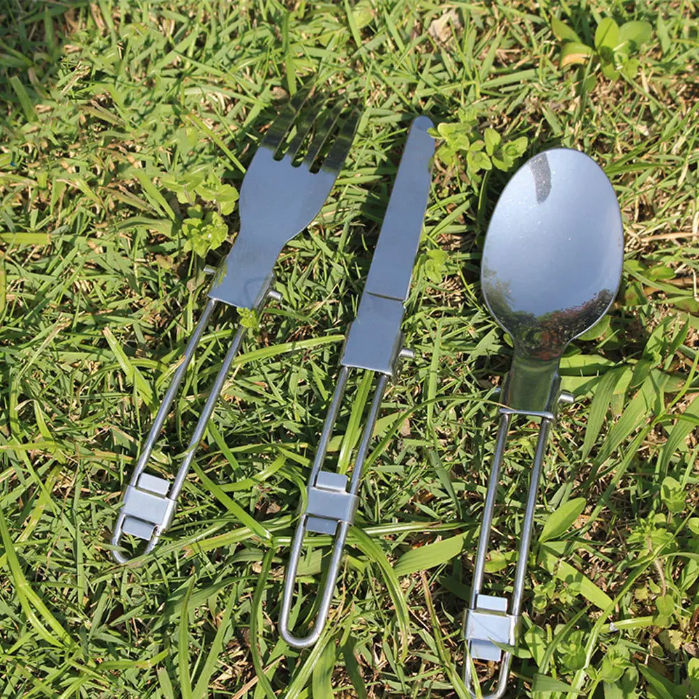 

2Sets Folding Stainless Steel Tableware Portable Picnic Cutlery Set Knives Forks Spoons Reusable Lightweight Camping Bbq Hiking