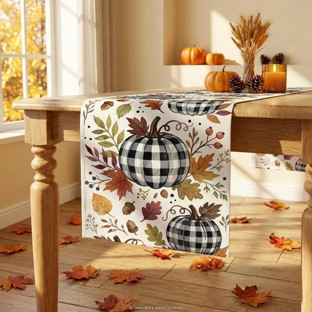 Fall Pumpkins Maple Leaves Plaid Linen Table Runner Home Decoration Autumn Harvest Kitchen Dining Table Cloth Thanksgiving Decor