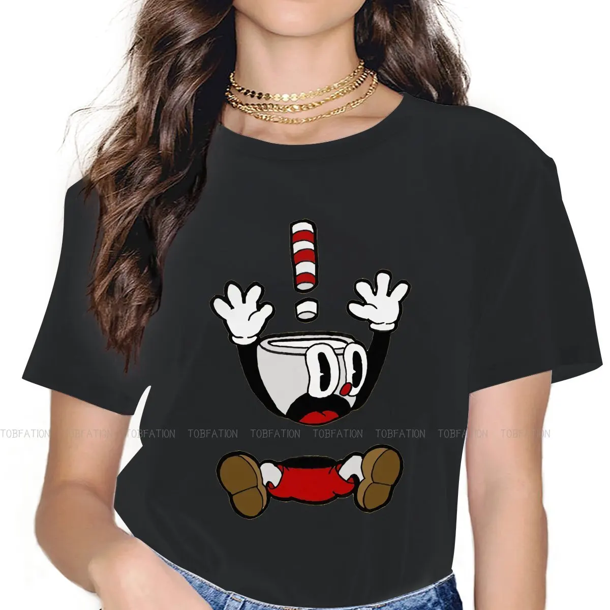 Funny Body Separation Women TShirt Cuphead Mugman Game Crewneck Girls Tops 4XL Lady T Shirt Funny Cute Gift