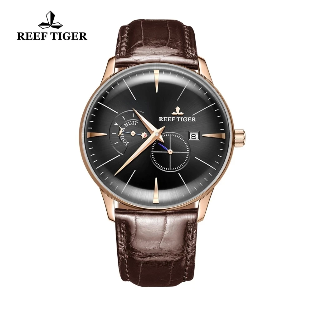 Reef Tiger/RT reloj mecánico informal de lujo para hombre, relojes automáticos de zafiro resistentes al agua de cuero genuino, reloj Masculino