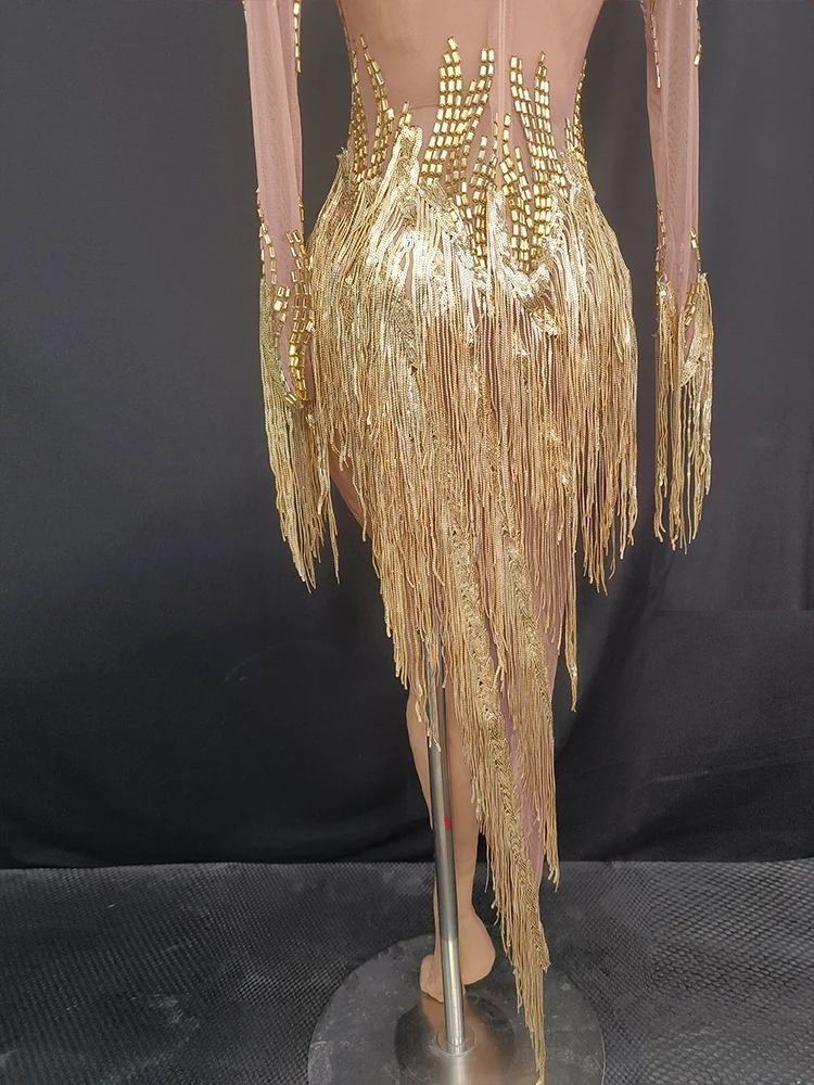 Sexy Gold Fringe Dresses Rhinestone Long Sleeve Performance Dress Nightclub Bar Party Rave Clothing Dancehall Queen Outfit 4637