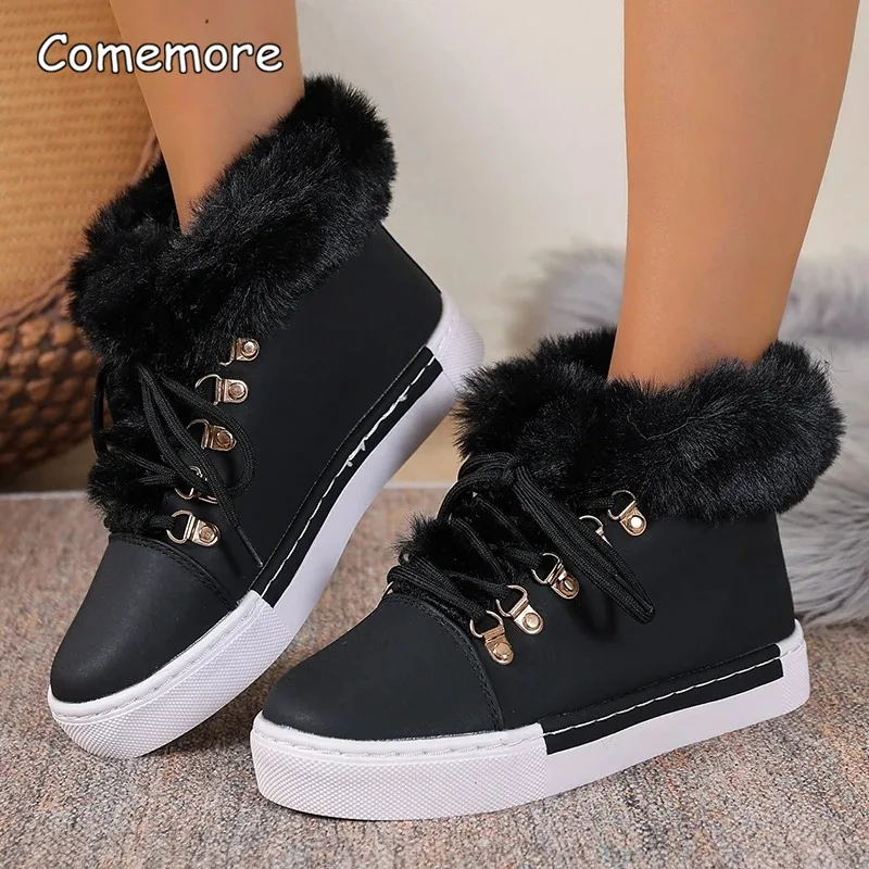 

Women's Winter Warm Black Fluffy Boots Lace Up Soft Sole Platform Ankle Botas Mujer Non Slip Thick Plush Snow Boots Plus Size 43