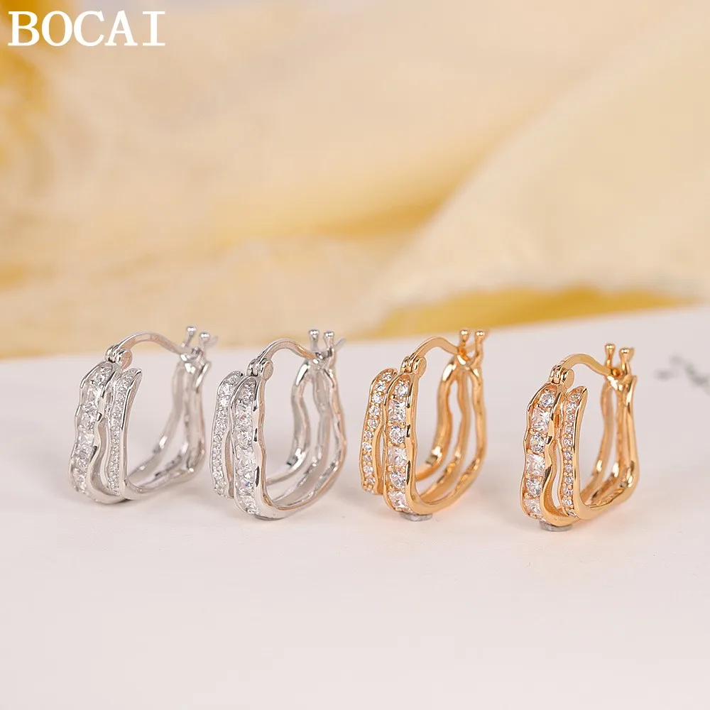 

BOCAI New S925 Sterling Silver Jewelry Fashionable And Luxurious Gold-plated Zircon Earrings Women's Selected Gift