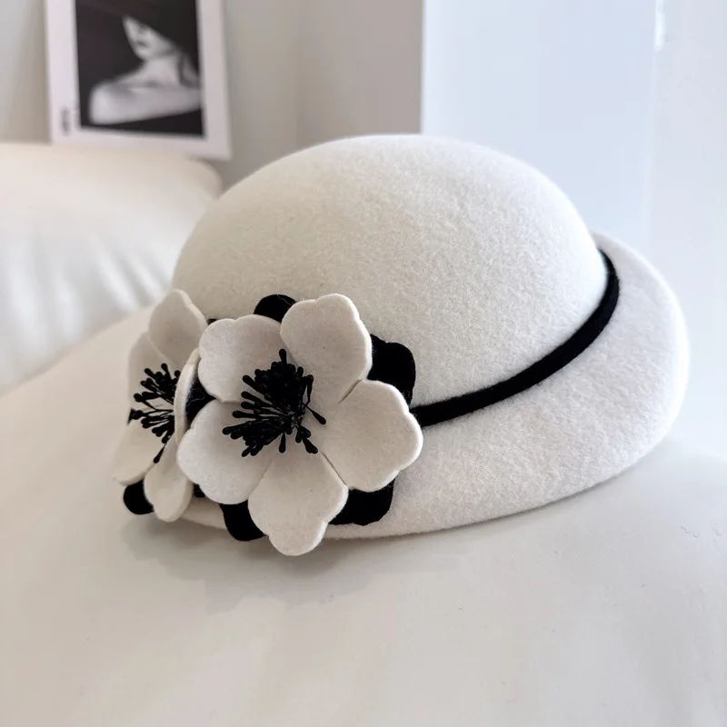 Small fragrant camellia beret High quality Australian wool felt hat Hepburn style elegant fashion hat