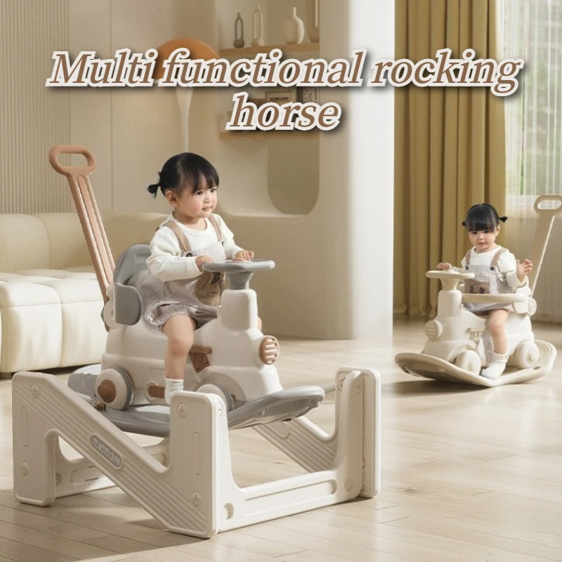 Multifunctional Kids Rocking Horse with Push Handle Children Ride on Rocker Sliding Car Indoor Outdoor Kids Toy Birthday Gift
