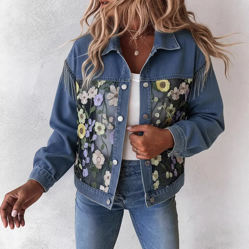 

Новая джинсовая куртка 2026 года с цветными блоками, вышивкой, цветочным кружевом и вставками, синяя, повседневная, с отложным воротником