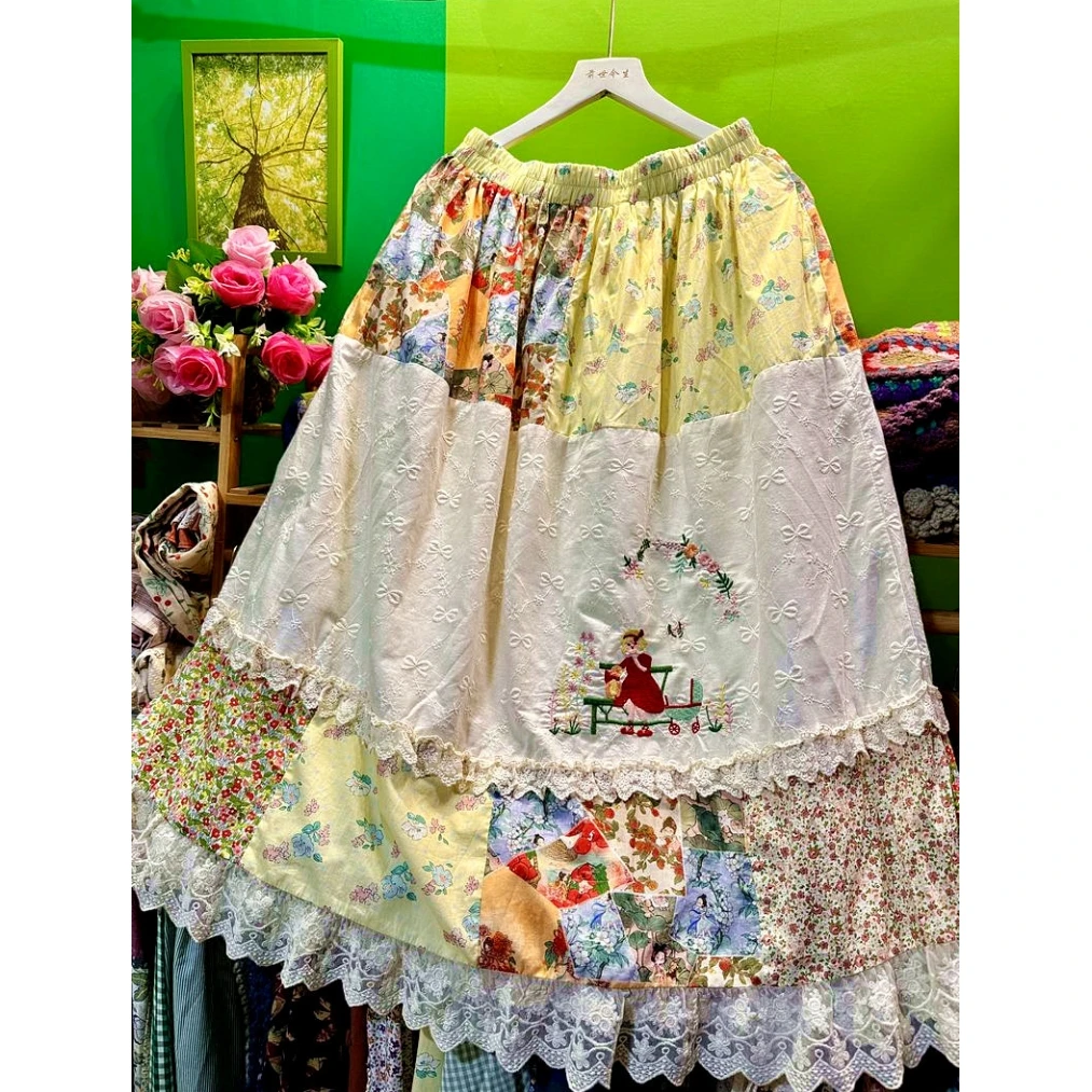 2026 Female Cotton Patchwork Ruffled Lace Bow Pattern Midi Skirt Vintage Mori Girl Harajuku Sweet Lolita Kawaii Retro Long Skirt