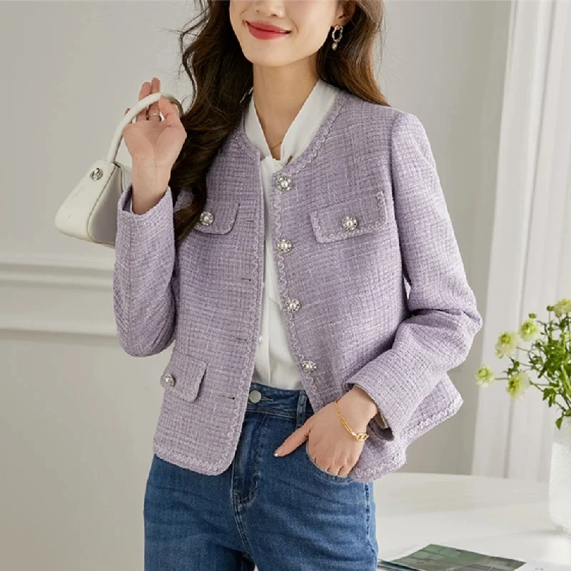 

Purple Temperament Small Fragrant Style Coat for Women 2025 Spring Autumn Fashion Versatile Short Jacket Ladies Outerwear Top