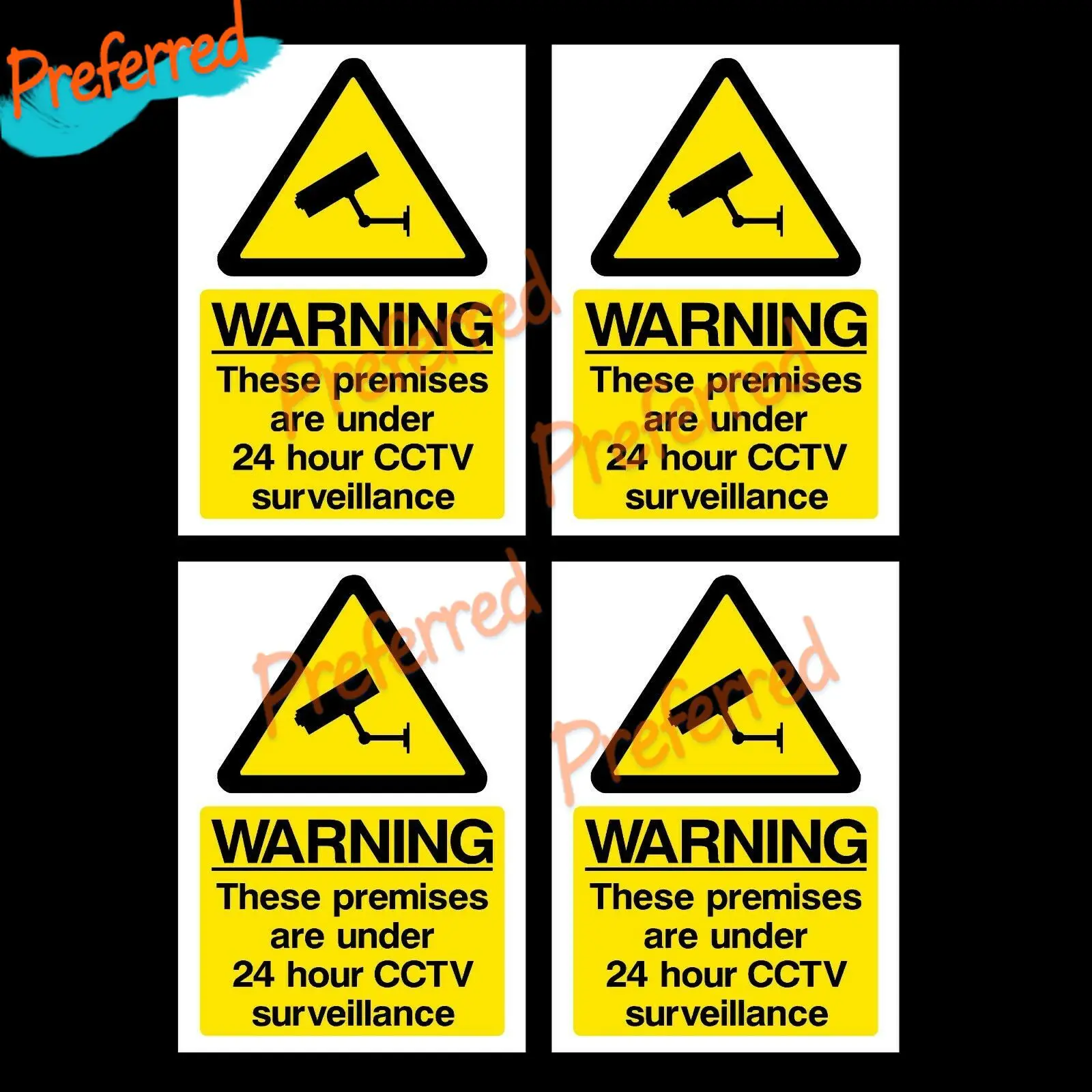 4 X Warning This Vehicle Is Fitted with CCTV - Security, Surveillance 24 Hour Surveillance A6 Self Adhesive Stickers 100x150mm