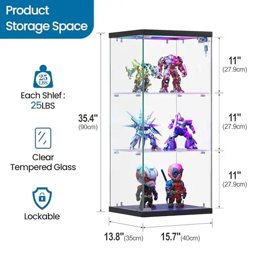 3-Tier Glass Display Case, RGB LED Lights for Collectibles | Display Cabinet with Door & Lock, Clear Tempered Glass