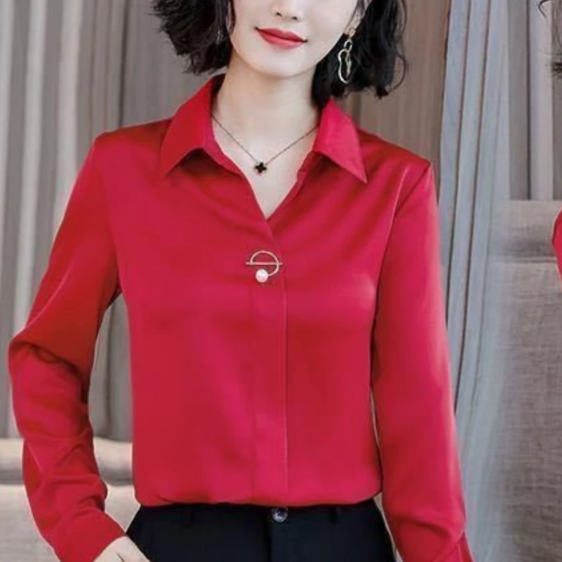 2024 New Spring and Autumn Commuter Minimalist Long Sleeve Chiffon Blouses Solid Color Polo Collar Button Women\'s Shirt Top