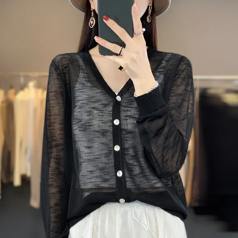 

Sunscreen Ice Silk Cardigan Women's V-Neck Long Sleeve Loose Knitted Top Solid Transparent Air Conditioned Shirt N127