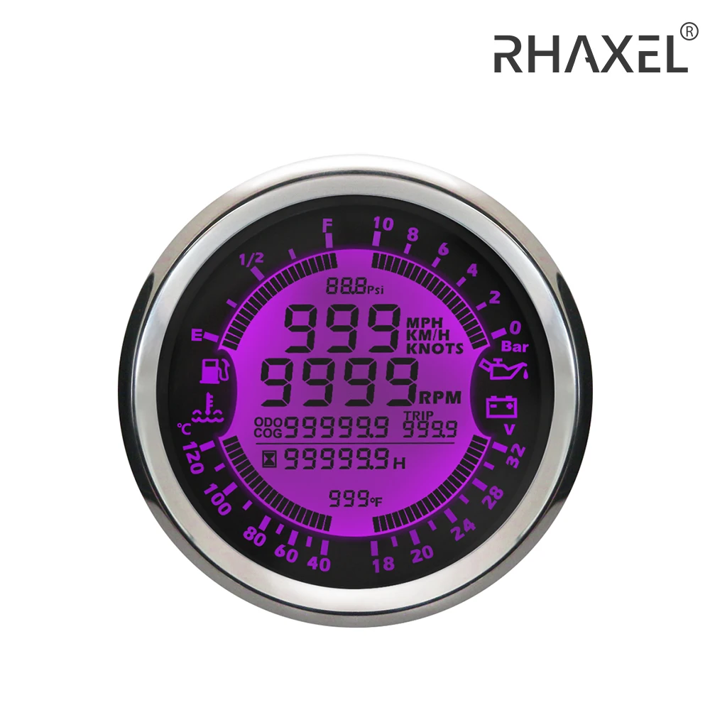 RHAXEL 85mm 6 in 1 Multi-Functional Gauge GPS Speedometer Tachometer Hour Water Temp Fuel Level Oil Pressure Voltmeter 12V 24V