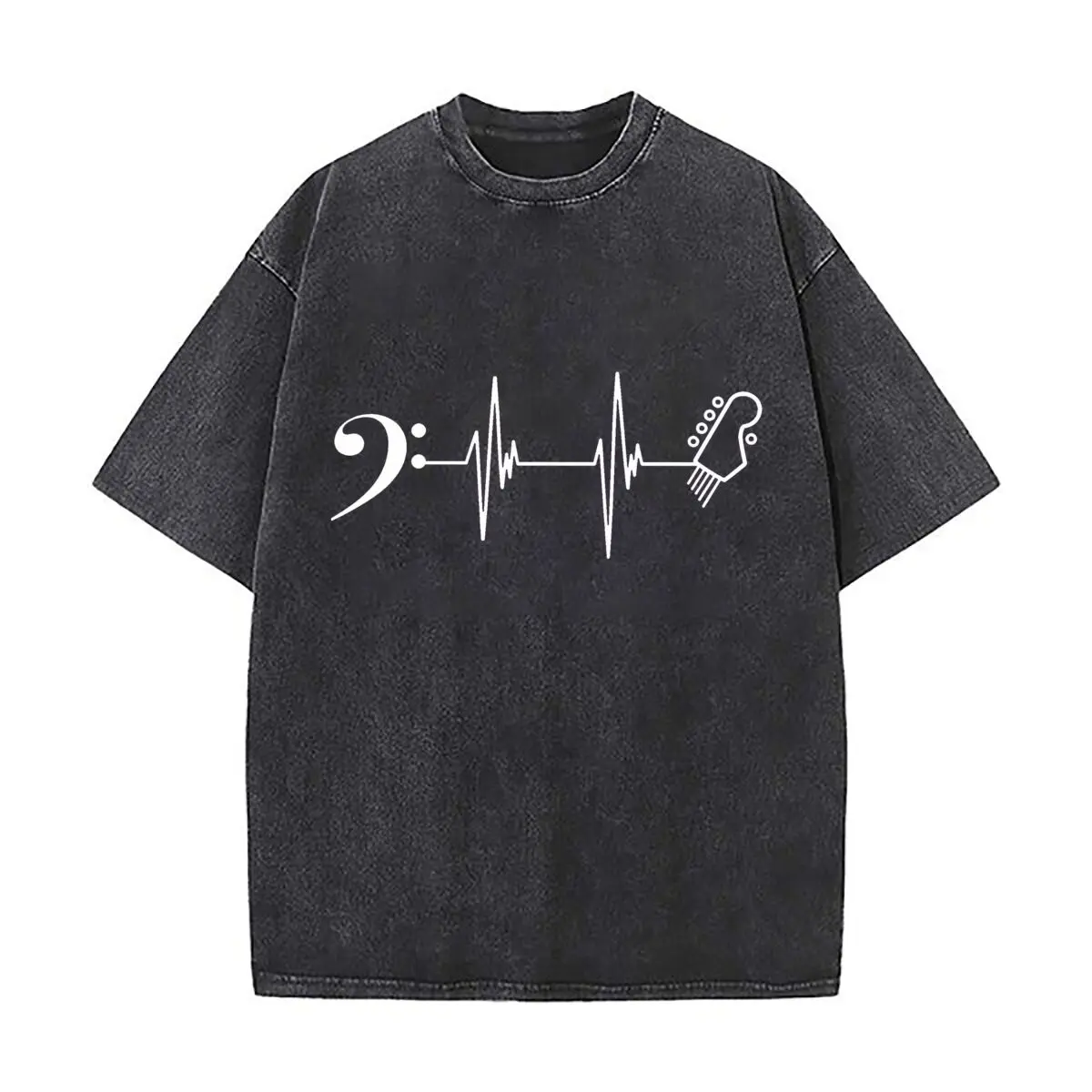 Bass Guitar Clef Heartbeat Music Graphic Design Vintage Distressed Loose Streetwear Tops for Campus Days