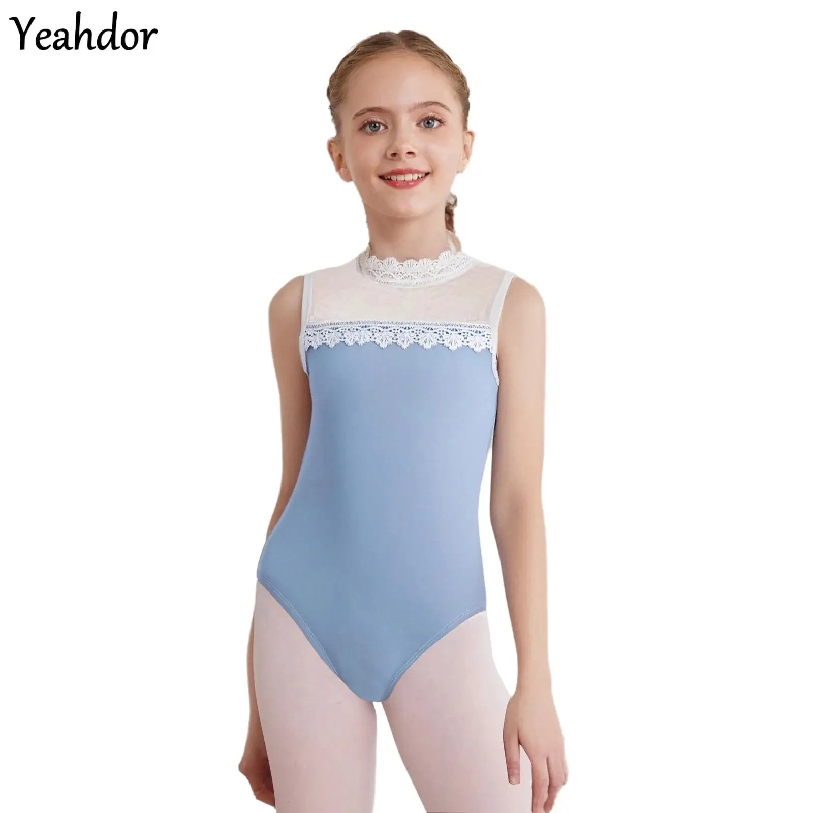 أطفال بنات الدانتيل طوق أكمام ملابس رقص الجمباز بقماش شفاف الجاكار ارتداءها الجمباز الباليه جيرسي الشكل التزلج Dancewear