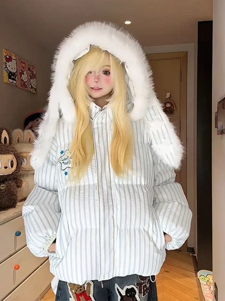 

Милые полосатые парки в консервативном стиле, женские парки с капюшоном и кроличьими ушками, милые кавайные пышные пальто, зимняя теплая женская куртка с длинными рукавами и буквами