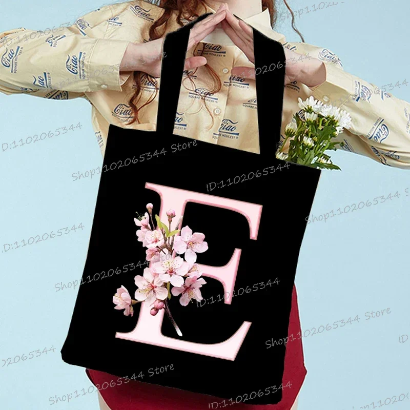 Sakura Letter Series Shoulder Bag Vintage Aesthetics Alphabet Women Tote Bag Students Large Capacity Storage Books Canvas Bag