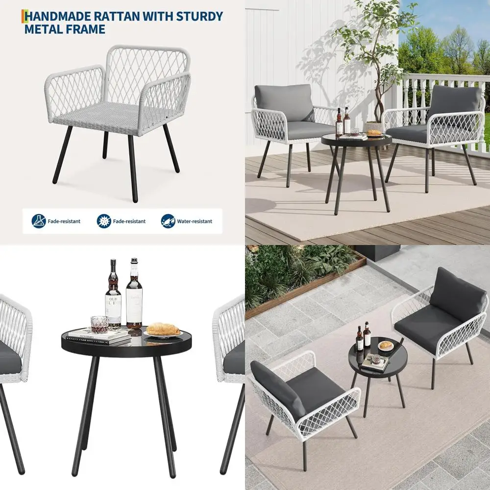 Juego de patio de 3 piezas para todo tipo de clima con cojines, muebles de exterior de mimbre para balcón, jardín, porche