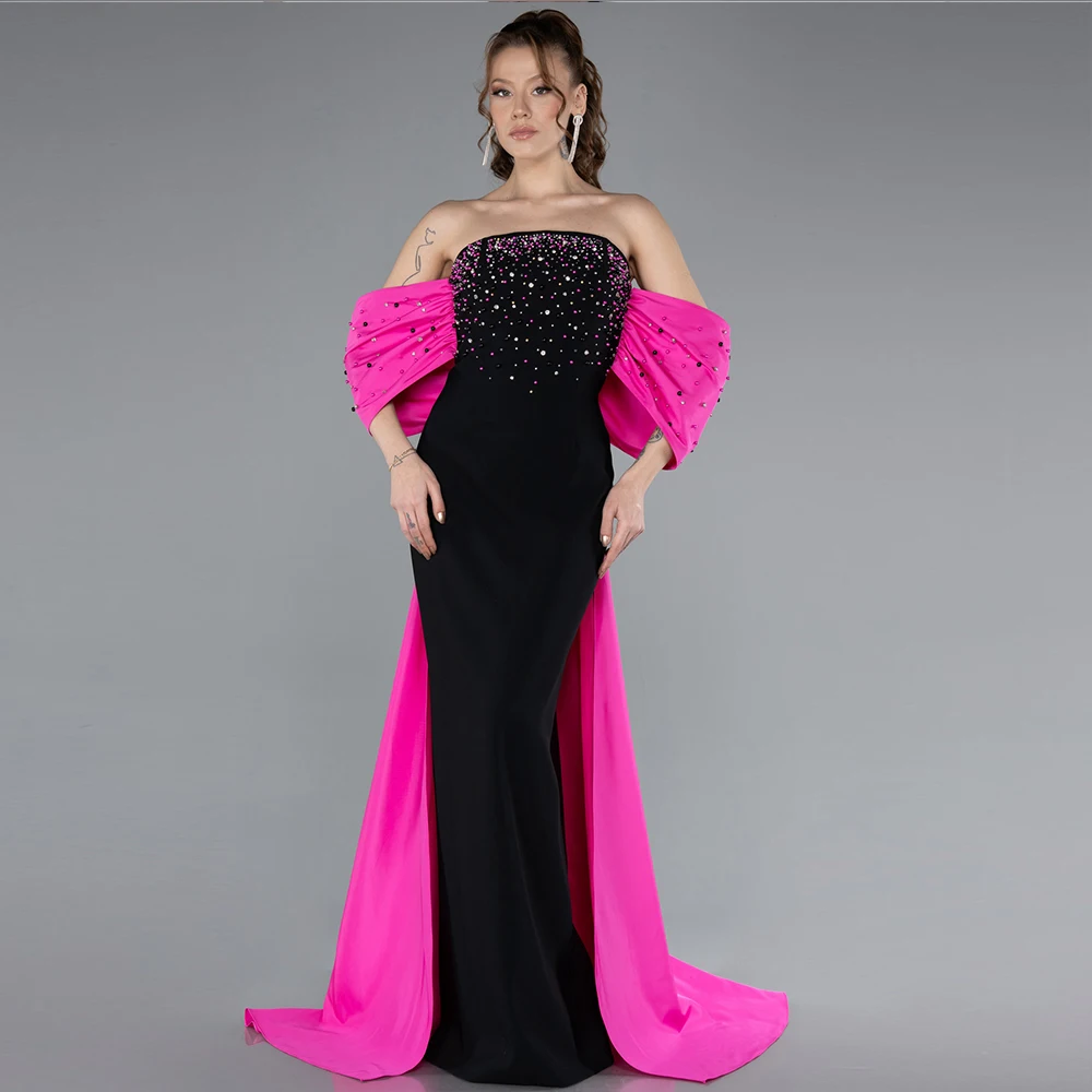 

Fuchsia Evening Dresses for Women Beaded Long Formal Prom Dress for Party Black Off-shoulder Sleeveless Cocktail Gowns Midi