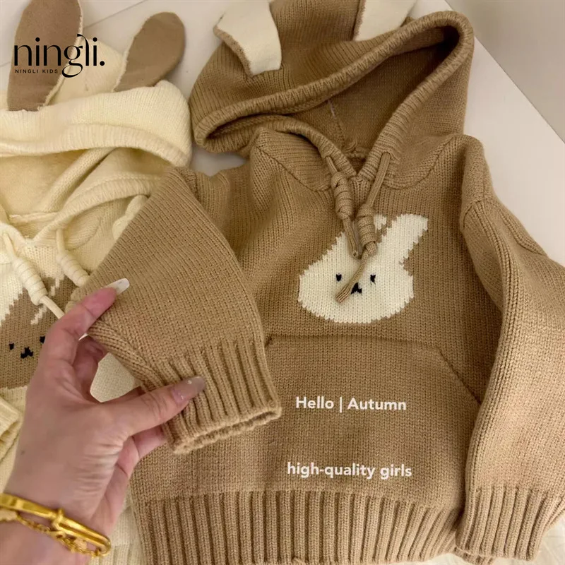 Autumn Children Girls Sweaters Cotton Knitted Hooded Rabbit Jacquard Stretch Cartoon Toddler Girls Hoodies Kids Girls Knitwears