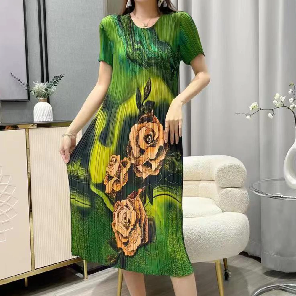 

pleated new round neck half sleeve medium and long summer clothing thin material single layer super elastic loose