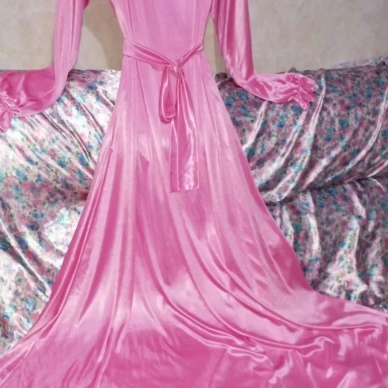 Couple Ruffled Collar Ice Silk Long Sleeved Lace up Dress Silky Smooth Elastic Long Dress Fashionable Sexy Large Swing Skirt