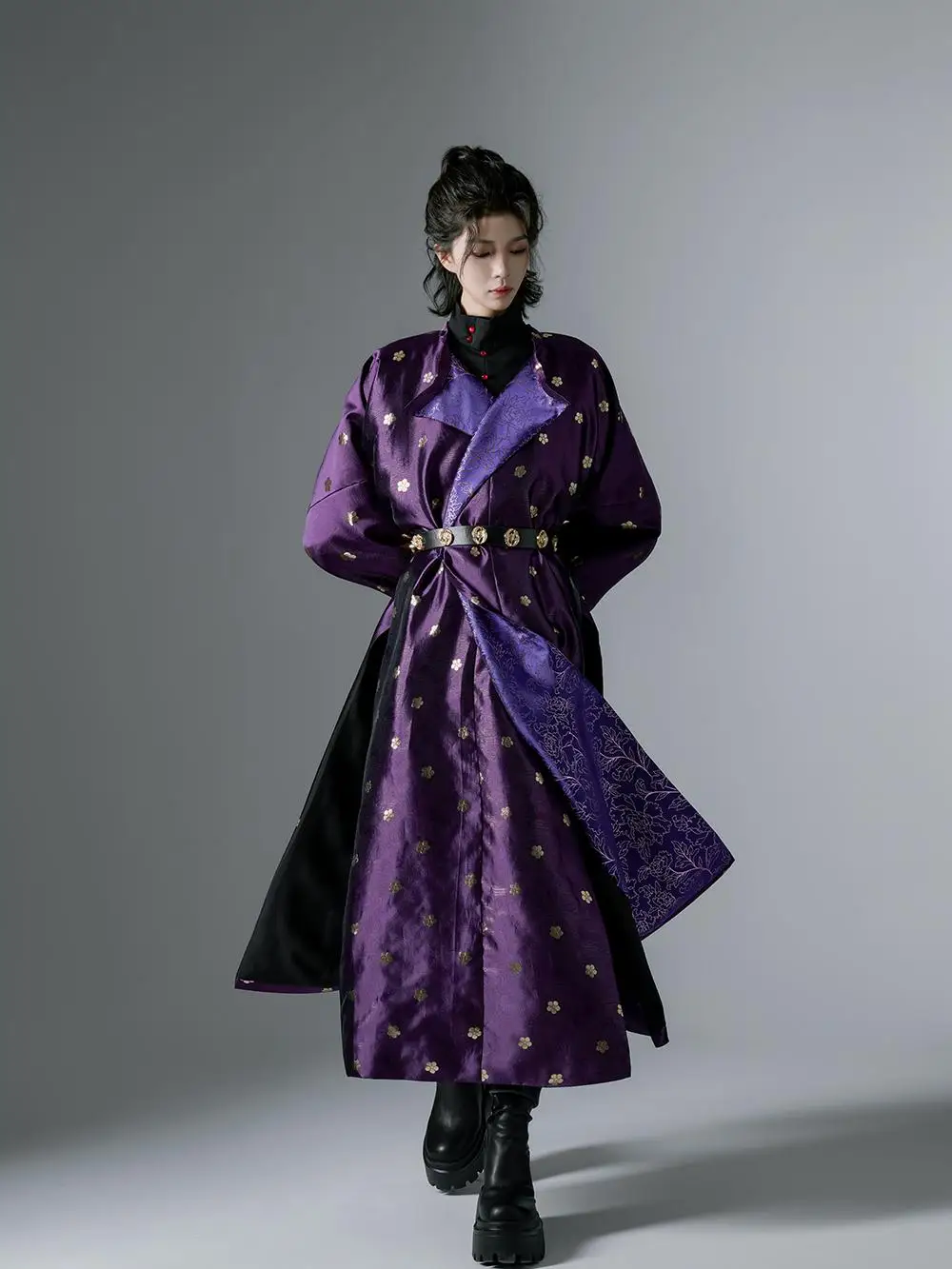 

Original Design round Ne Robe Men Women Sle Reformed Tang Dynas Clothing Purple Road Autumn Faion Simulation Flower M...