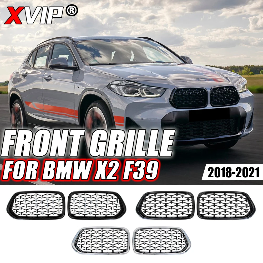 

XVIP хром, серебристые бриллианты, верхние решетки для BMW X2 F39 2018-2021, глянцевый черный двойной планкой, передний бампер