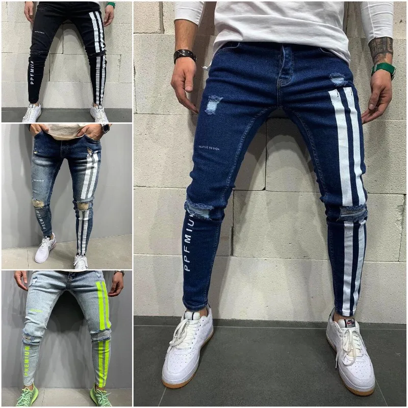 Men Jeans Casual 2025 Printing Stripe Pencil Pant Fashion Slim Fit Tight European American Denim Pants Ripped Strechy Jeans