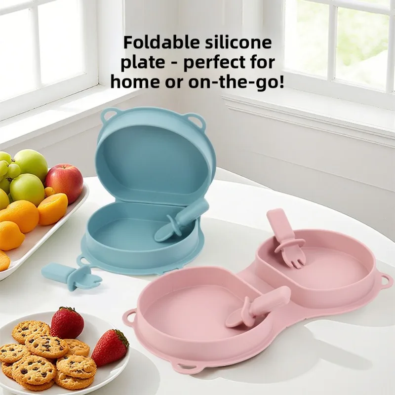 

New Food Grade Silicone Children's Plate Fork Spoon Set Travel Silicone Baby Feeding Folding Lunch Box Set