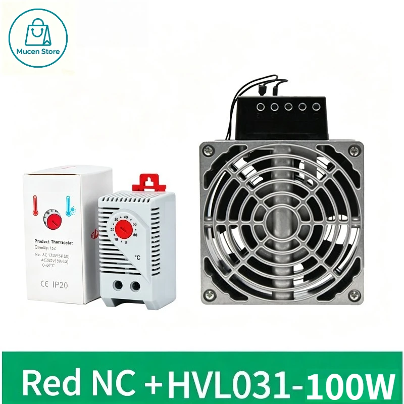 Red NC Thermostat and 100-300W HVL031 Fan Heater, Cabinet Electric Heating Device Anti Condensation for Switchgear Enclosure