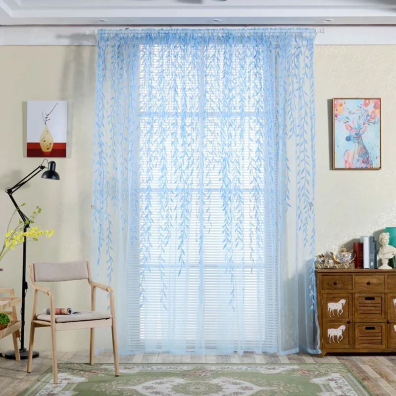 2 Panels Green Willow Leaves Curtain Print Design Sheer Pattern Voile Panel Drape Room Window Curtains Home Textiles