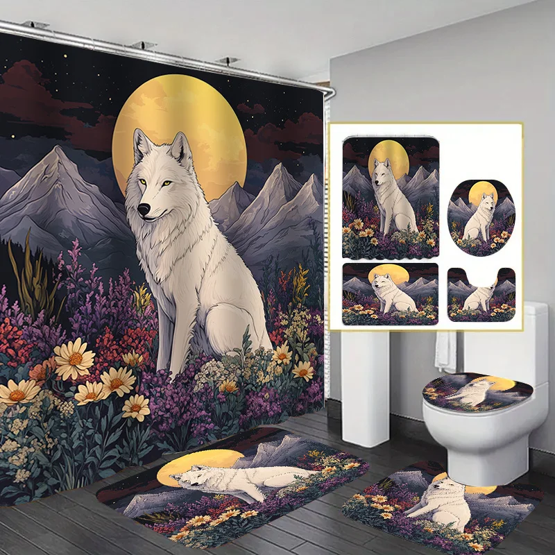 

4pcs Moon Wolf Print Shower Curtain Set, Decorative Bathroom Set Includes Printed Shower Curtain, Non-Slip Floor Mat, Toilet