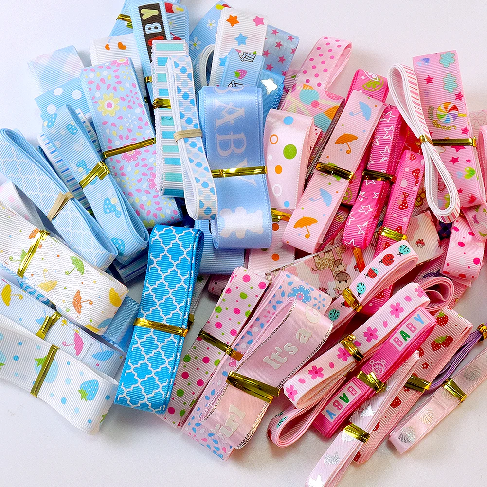 Blue Pink Series 12yards Random Pattern Random Size Material Ribbon for Gift Box Packaging DIY Girl Hair Bows