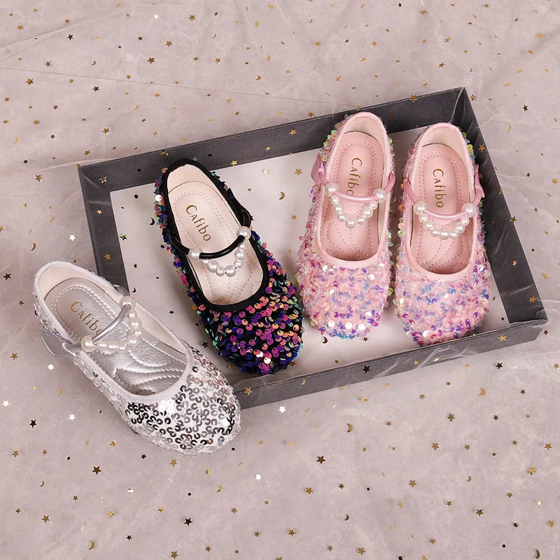 Girls Shoes Autumn Toddler Kids Fashion Princess Mary Jane Dress Party Low Heel Flats Children Brand Glitter Pearls Soft Sole