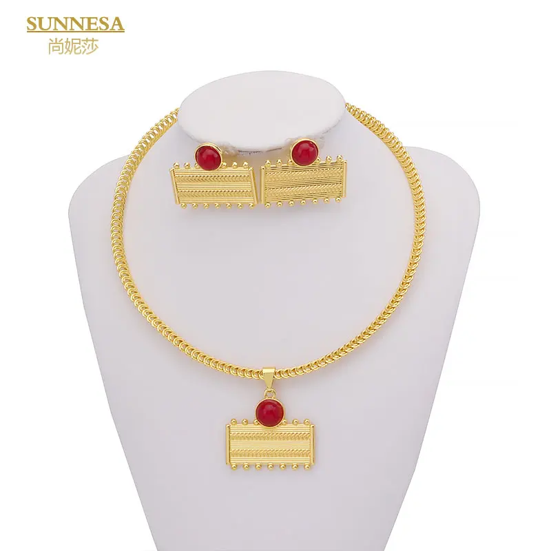 SUNNESA 18k Gold Plated Dubai Jewelry Set for Women Wedding Gift Luxury African Rectangle Pendant Necklace Red Zircon Earrings