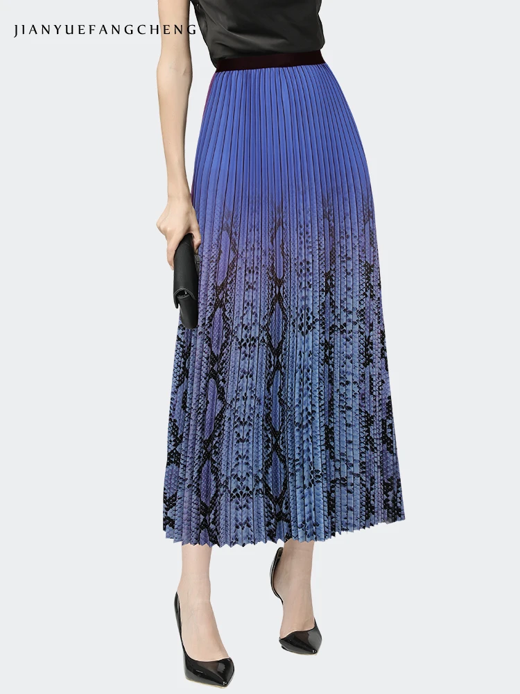 Womens Mid-length Pleated Skirts Gradient Snake Skin Printed Elastic Waist A-line Elegant Flowy Spring Summer Trendy Bottoms