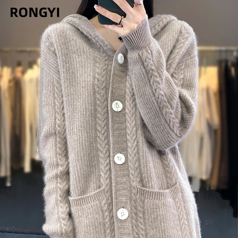 RONGYI 100% Wool Sweater Women\'s Autumn And Winter Long-sleeved Hooded Solid With A Pocket Loose Thick Bottoming Warm Shirt Top