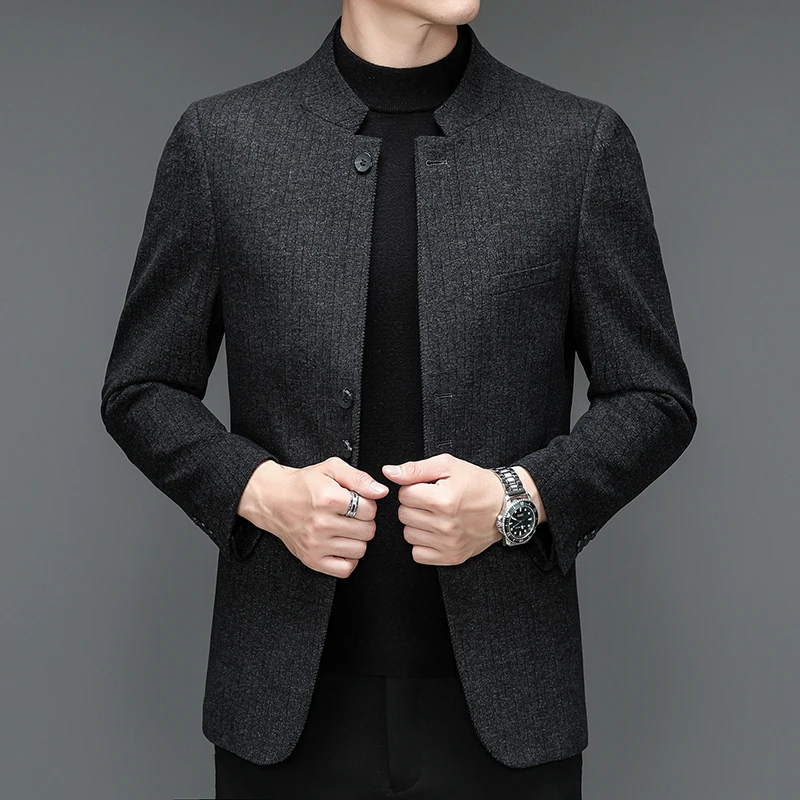 New Suit Autumn Winter Business Casual Fashion Velvet Suit Jacket Youth Zhongshan Suit Quality Stand-up Collar Men\'s Blazer