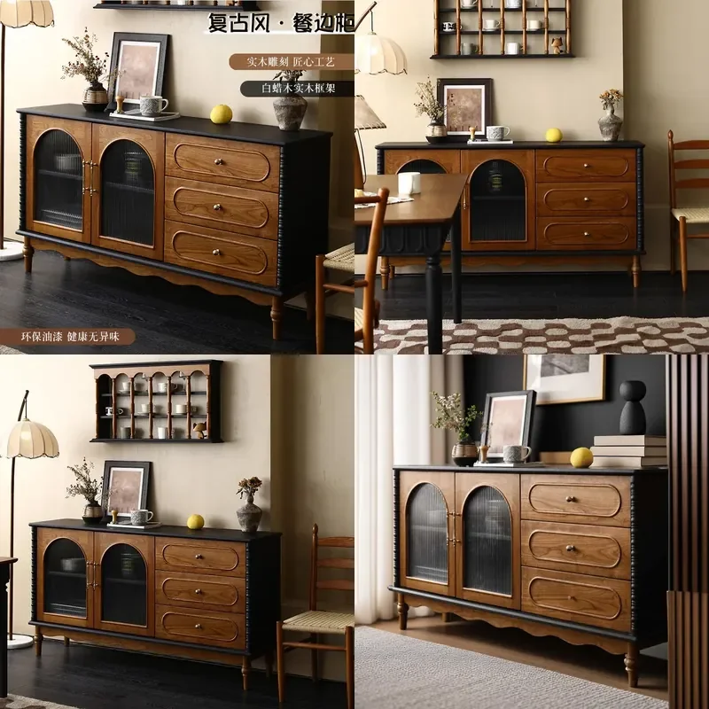French Retro Solid Wood Sideboard Medium Antique Storage Cabinet Entryway Decorative Console with Color Matching Design