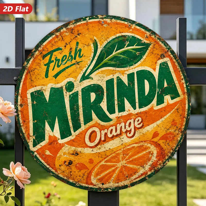 Panneau décoratif rond en métal sur le thème des agrumes, style rétro, pour décoration murale et intérieure, avec l’inscription « Fresh Mirinda », illustration d’une tranche d’orange et un motif de feuille verte.