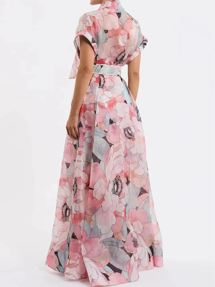 2025年夏新作 レディース ファッション 海辺リゾート風 プリントロングスカート 上品な蝶結びベルト付き ウエストマークAラインロングドレス