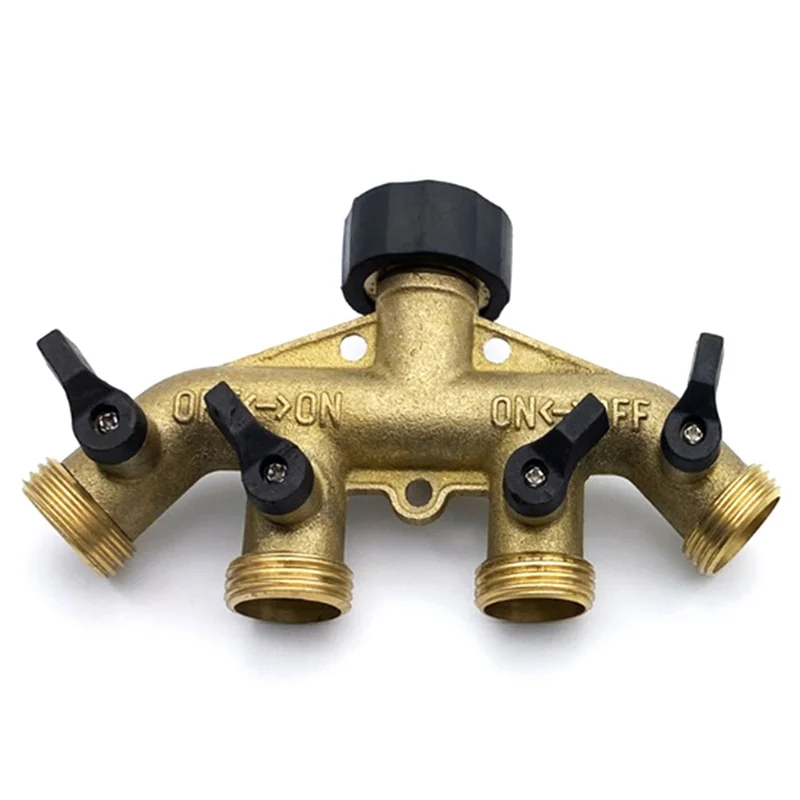 

4 Way Brass Hose Splitter, 3/4inch Brass Hose Faucet Manifold, Garden Hose Connector Tap Splitter, Solid Brass-Yellow