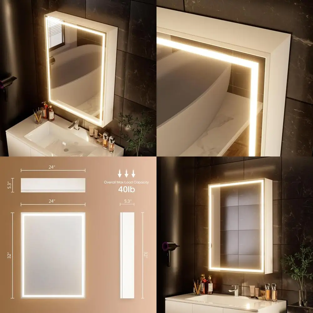 32x24 inch LED Lighted Medicine Cabinet with Mirror, Moisture-Resistant Wood, Stepless Dimmable, 3000K/5500K, Defogger, Adjustab