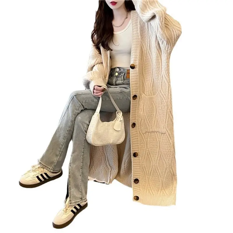 Loose and Lazy Style Long below the Knee Sweater Cardigan for Women 2024 Autumn New Fashionable Stylish Knitted Overcoat Coat