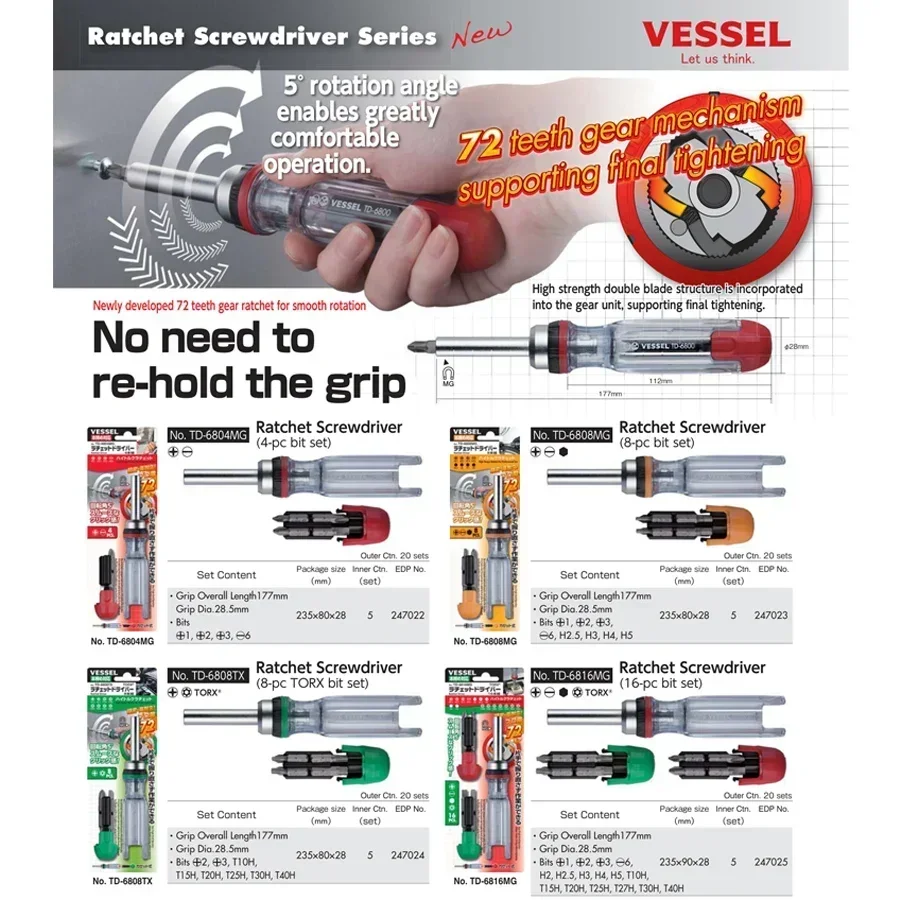 VESSEL NO.TD-6816MG|TD-6804MG|TD-6808TX|TD-6808MG Ratchet Screwdriver Set with 8 Bits/16 Bits Storage Inside the Handle Electro