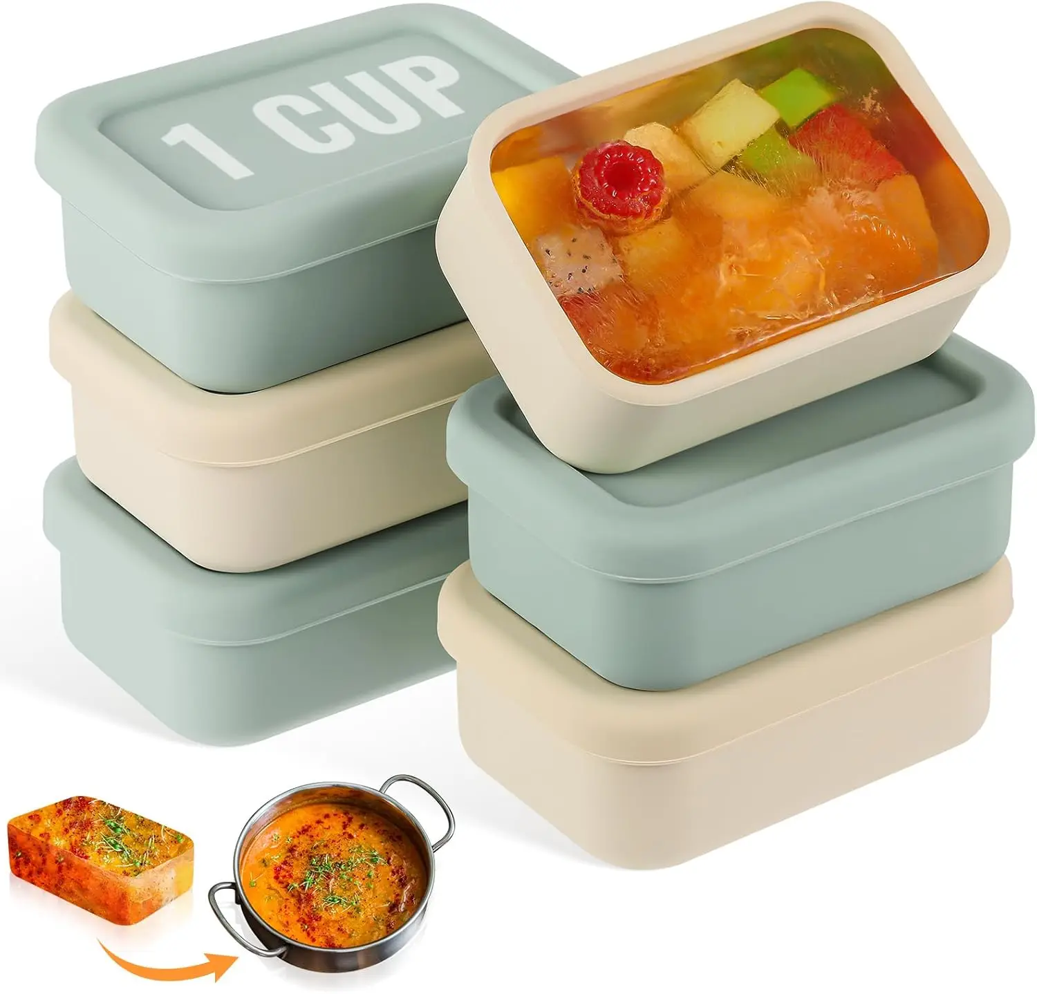 

6-Pack Silicone Soup Freezer Molds with Lids, Reusable Rectangle Trays for Sauces Stews in Sage Green Beige