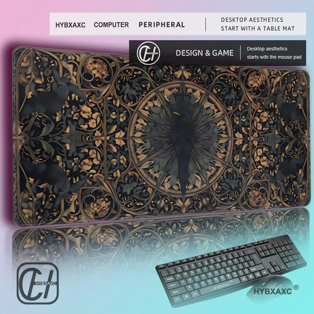 HYBXAXC Gothic Raven DeskMat,Dark Botanical MousePad,Retro Mysterious Bird Plant DeskPad, Rubber Base,Stitch Edge, MouseMat